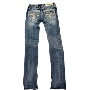 Rock Revival Jeans 25 Distressed Rip Y2K Crystal Flap Pocket Straight Streetwear